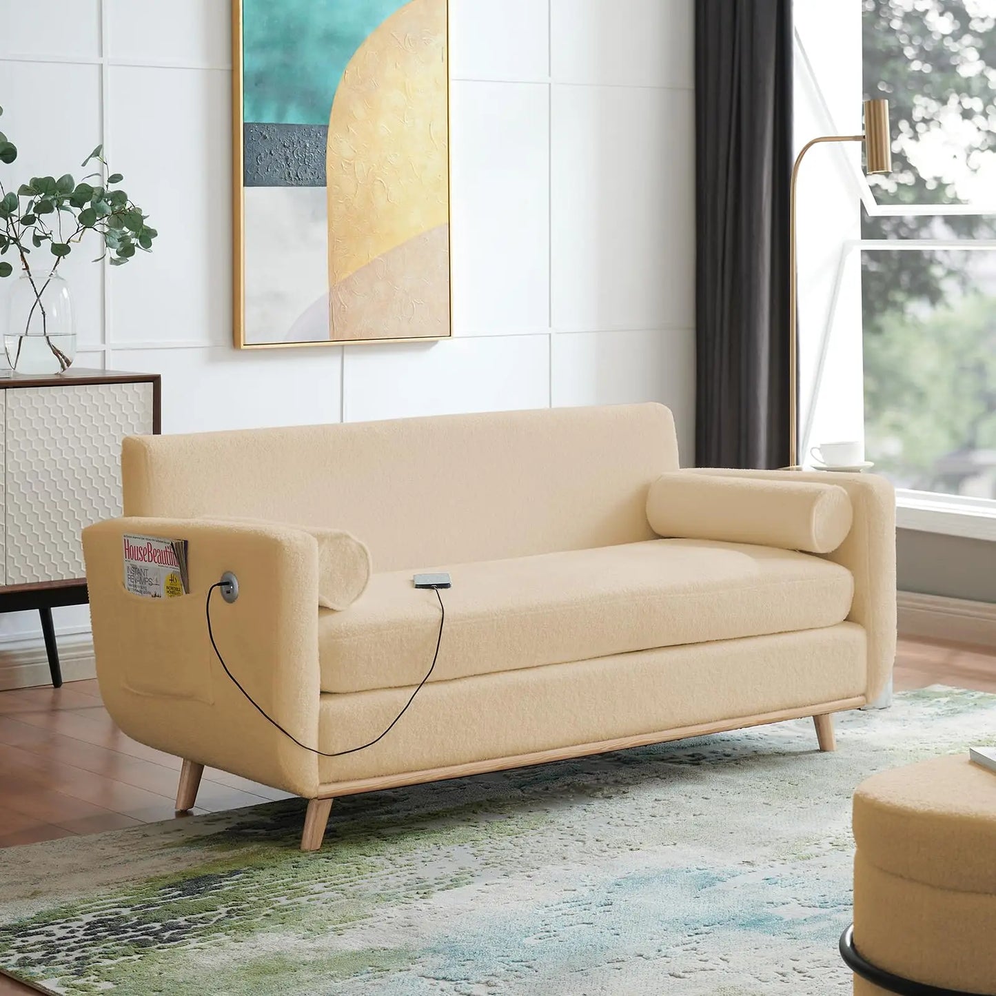 Vabches Modern Bouclé Loveseat Sofa – 2-Seater with LED Lights & USB Ports, Washable Cover