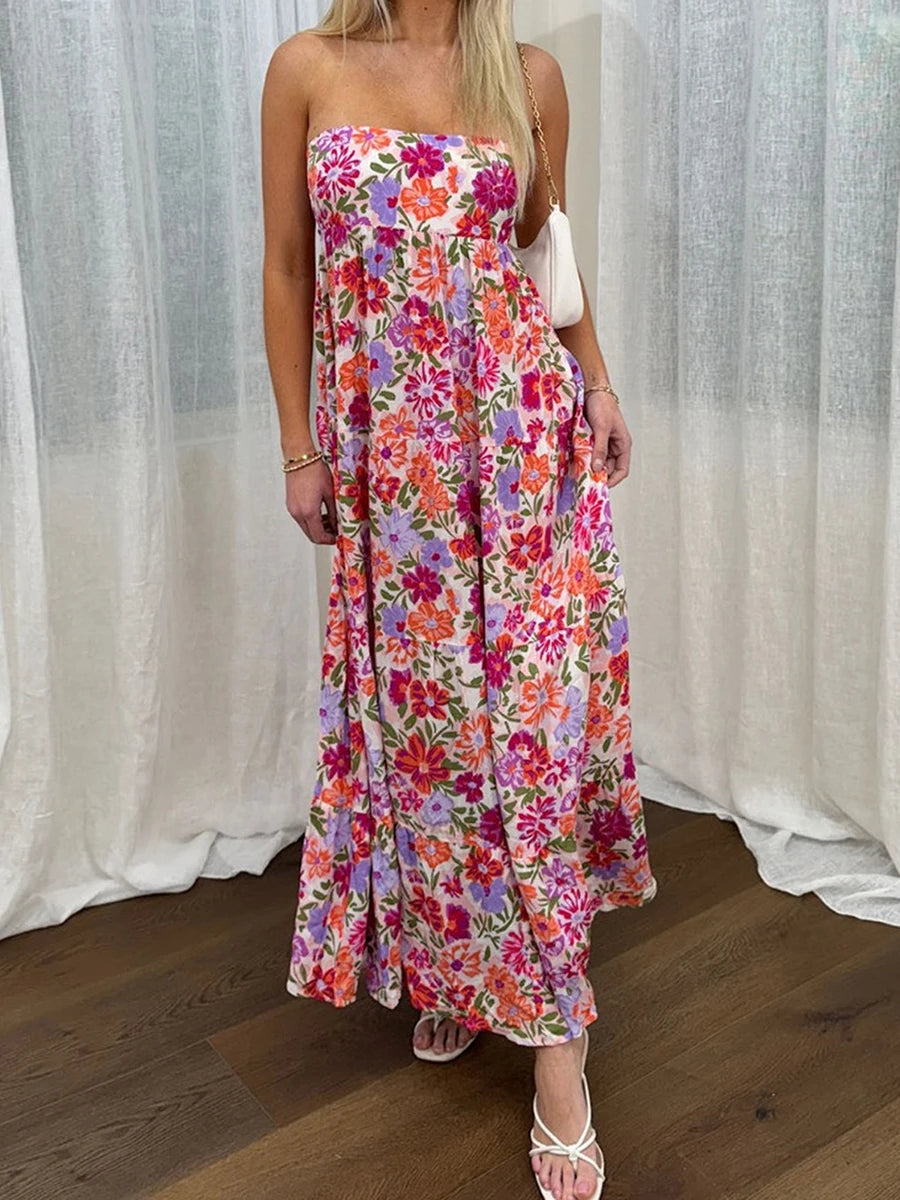 Women’s Off-Shoulder Boho Floral Maxi Dress – Lace-Up Back Summer Party Outfit