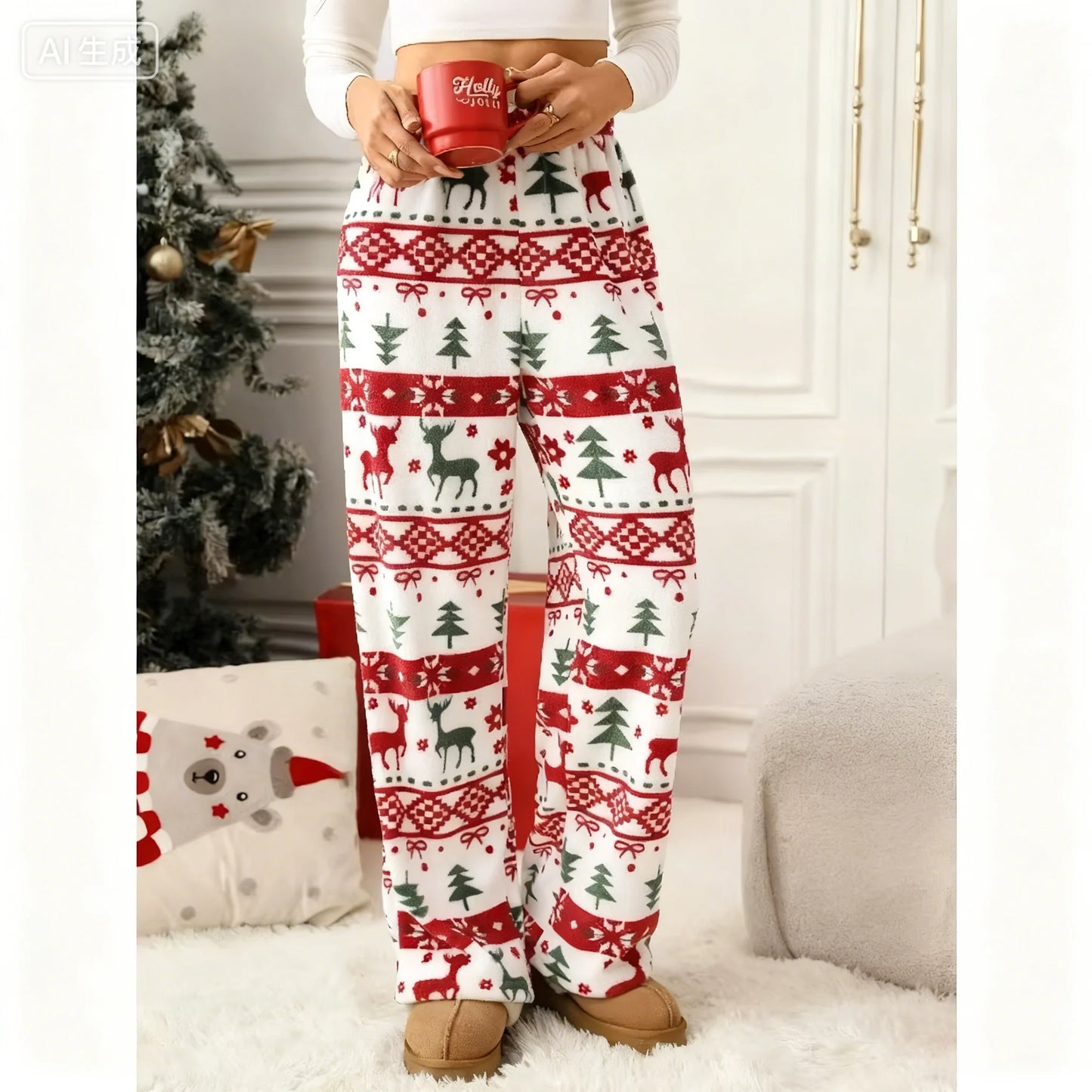 Hot Selling New Christmas Reindeer Cartoon Women's Autumn And Winter Sleeping Pants Casual Home Printed Warm Sleeping Pants