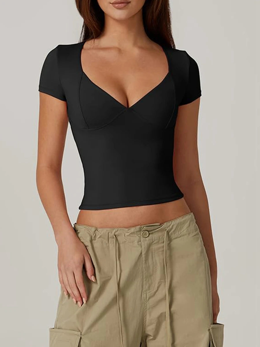 Women’s Solid Color Sweetheart Neck T-Shirt – Short Sleeve Summer Top