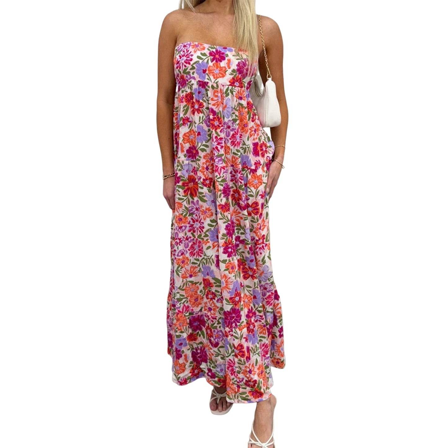 Women’s Off-Shoulder Boho Floral Maxi Dress – Lace-Up Back Summer Party Outfit