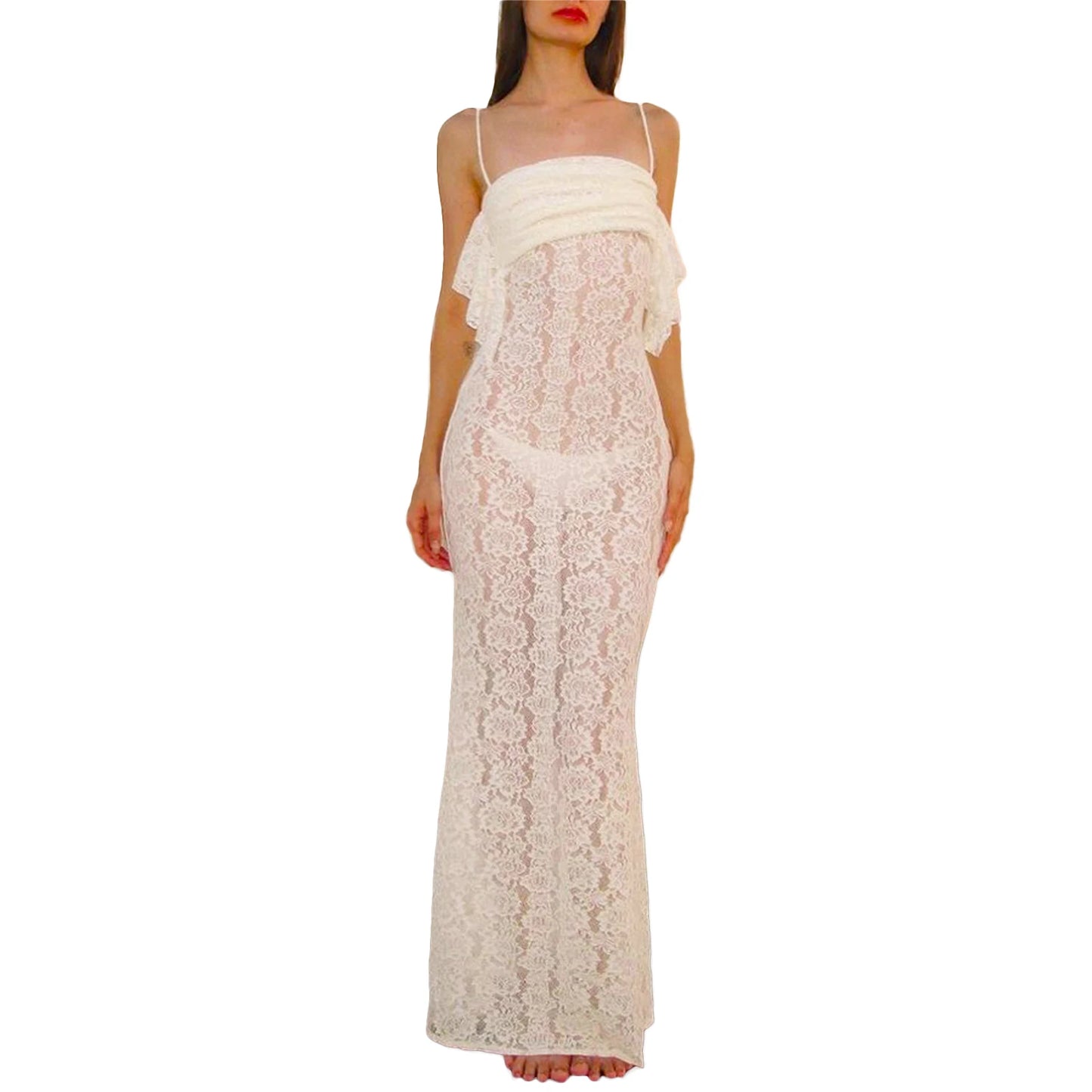 Women s Summer Long Cami Dress White Sleeveless Backless Sheer Lace Party Dresses