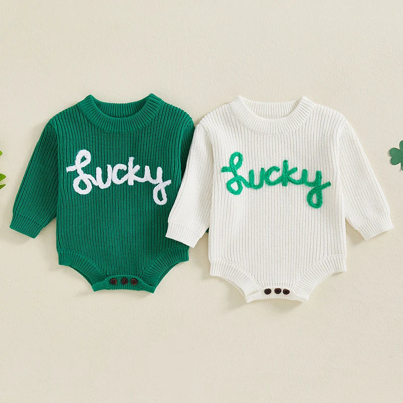 Unisex Infant Knit Jumpsuit – Winter Romper with Embroidered Animal Design