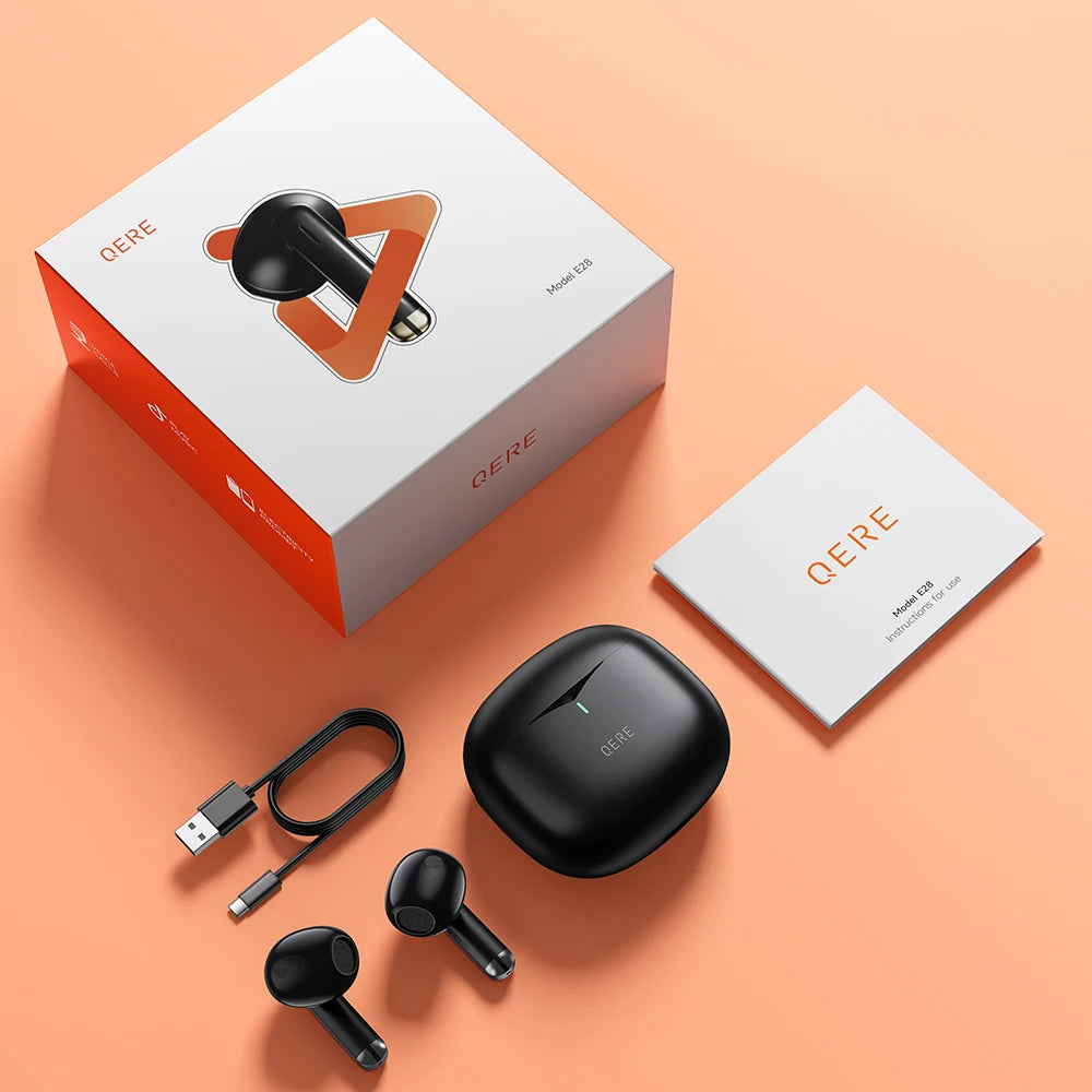 QERE E28 TWS Wireless Earbuds – Bluetooth 5.3, Hi-Fi Sound, HD Mic, Low-Latency Gaming, Waterproof