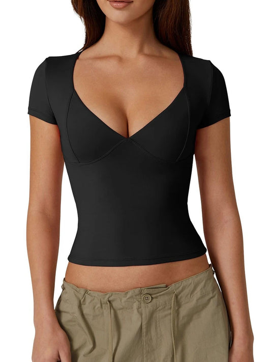 Women’s Solid Color Sweetheart Neck T-Shirt – Short Sleeve Summer Top