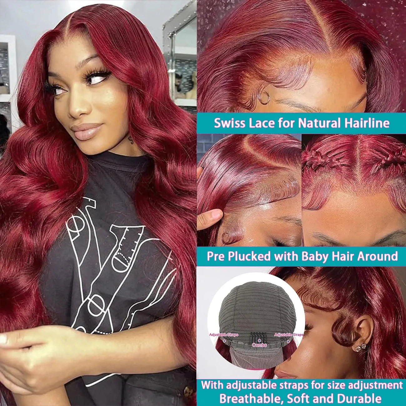 99J Burgundy Body Wave Human Hair Wig – 13x6 HD Lace Front, Pre-Plucked Transparent Lace