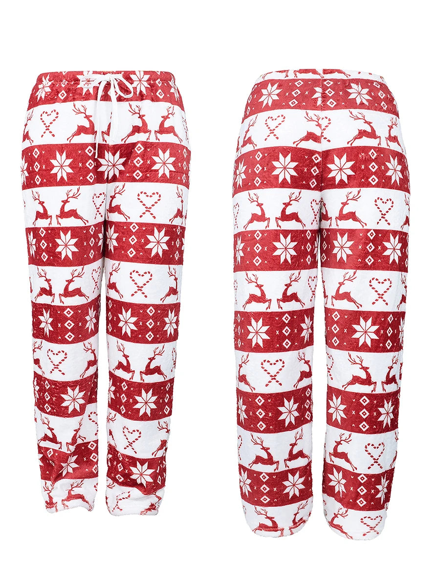 Women’s Christmas Pajama Pants – Elk Print, Elastic Waist & Drawstring Lounge Trousers
