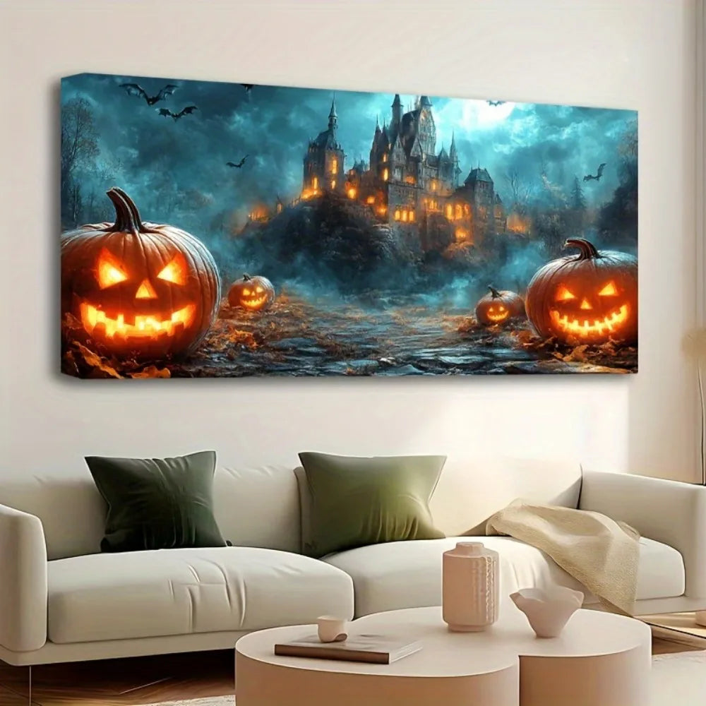 Halloween Canvas Wall Art – Ghost Castle & Pumpkin Design on Pine Wood Frame (1.5-Inch Thick)