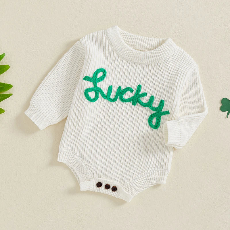 Unisex Infant Knit Jumpsuit – Winter Romper with Embroidered Animal Design