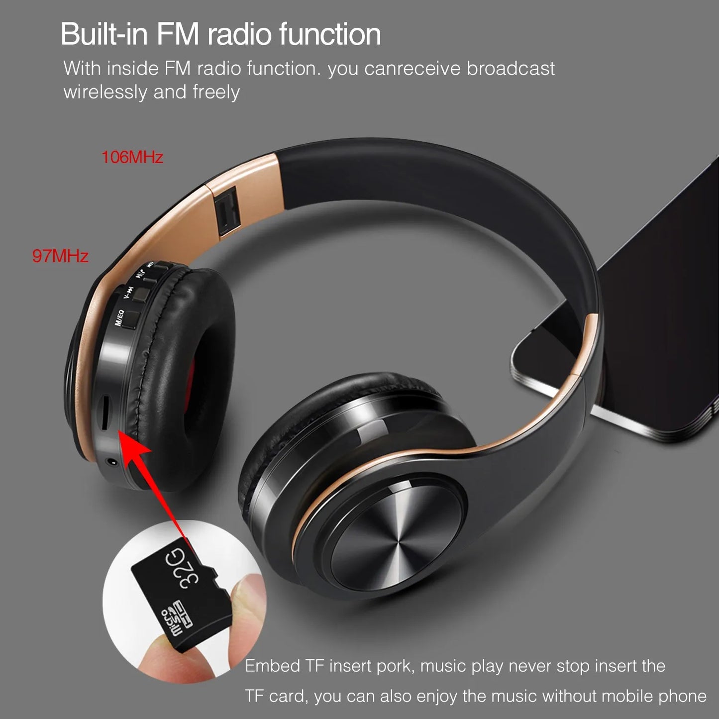 Bluetooth HiFi Stereo Headphones with FM Radio & SD Card Support – Wireless Headset with Mic for Phones & Tablets