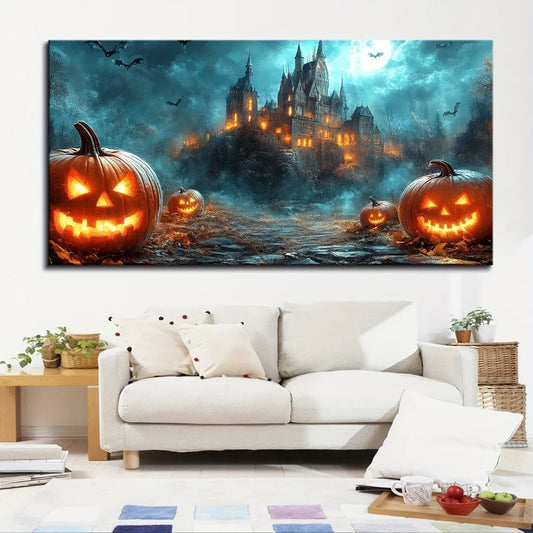 Halloween Canvas Wall Art – Ghost Castle & Pumpkin Design on Pine Wood Frame (1.5-Inch Thick)