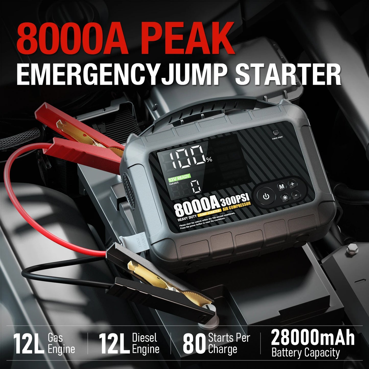 8000A Professional Heavy-duty Vehicle Jump Starter, High-power 12V Car Battery Device, Portable Power Supply With Inflation Pump