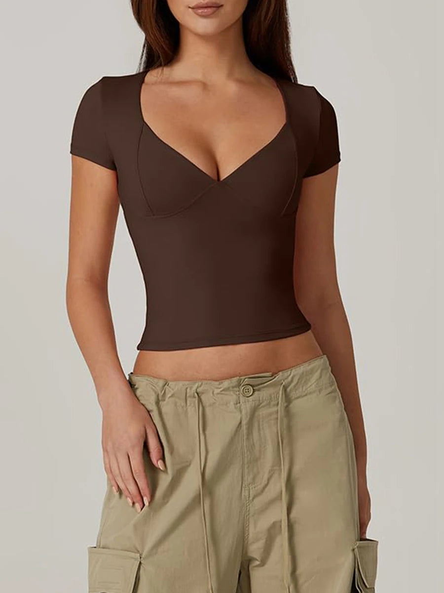 Women’s Solid Color Sweetheart Neck T-Shirt – Short Sleeve Summer Top