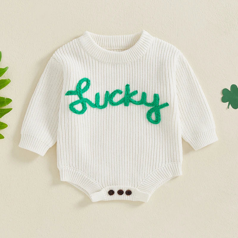 Unisex Infant Knit Jumpsuit – Winter Romper with Embroidered Animal Design