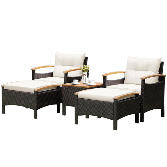 5-Piece Patio Rattan Furniture Set – Sofa, Ottomans & Table with Wood Top