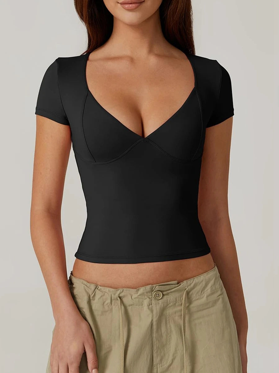 Women’s Solid Color Sweetheart Neck T-Shirt – Short Sleeve Summer Top