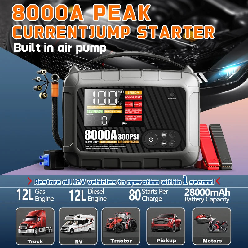 8000A Professional Heavy-duty Vehicle Jump Starter, High-power 12V Car Battery Device, Portable Power Supply With Inflation Pump