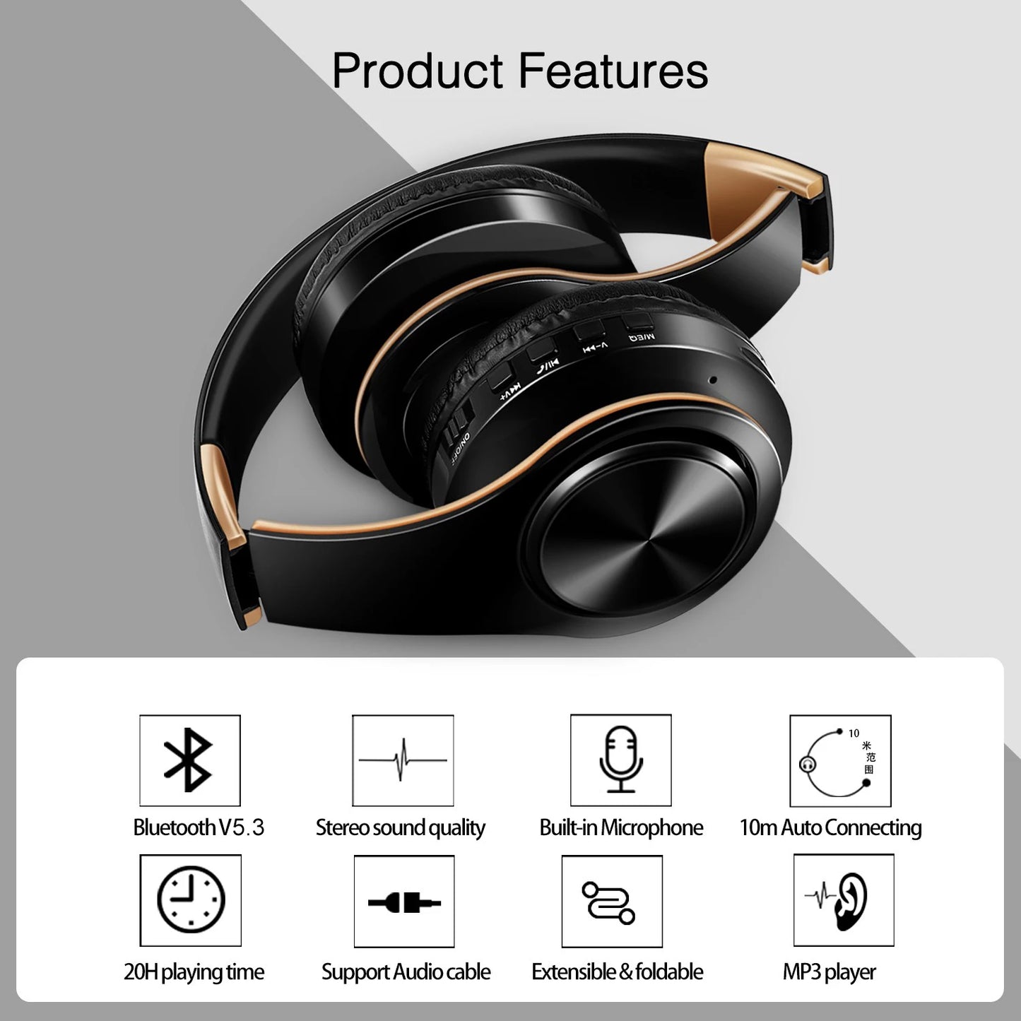 Bluetooth HiFi Stereo Headphones with FM Radio & SD Card Support – Wireless Headset with Mic for Phones & Tablets