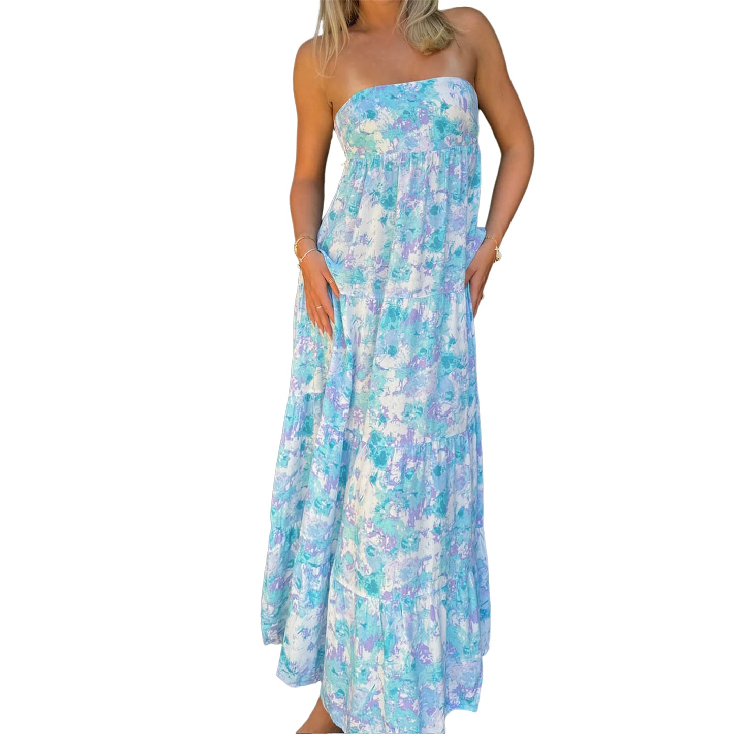 Women’s Off-Shoulder Boho Floral Maxi Dress – Lace-Up Back Summer Party Outfit
