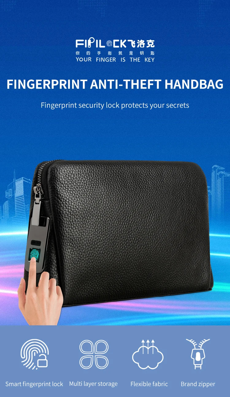 Men’s Fingerprint Lock Handbag – Secure Anti-Theft Wallet Bag