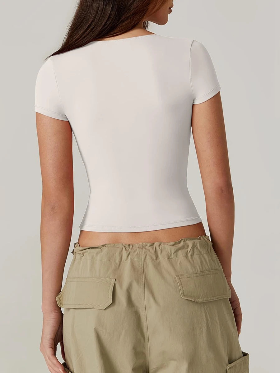 Women’s Solid Color Sweetheart Neck T-Shirt – Short Sleeve Summer Top