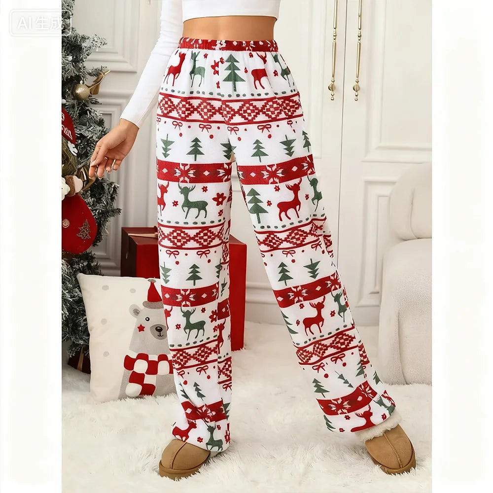 Hot Selling New Christmas Reindeer Cartoon Women's Autumn And Winter Sleeping Pants Casual Home Printed Warm Sleeping Pants