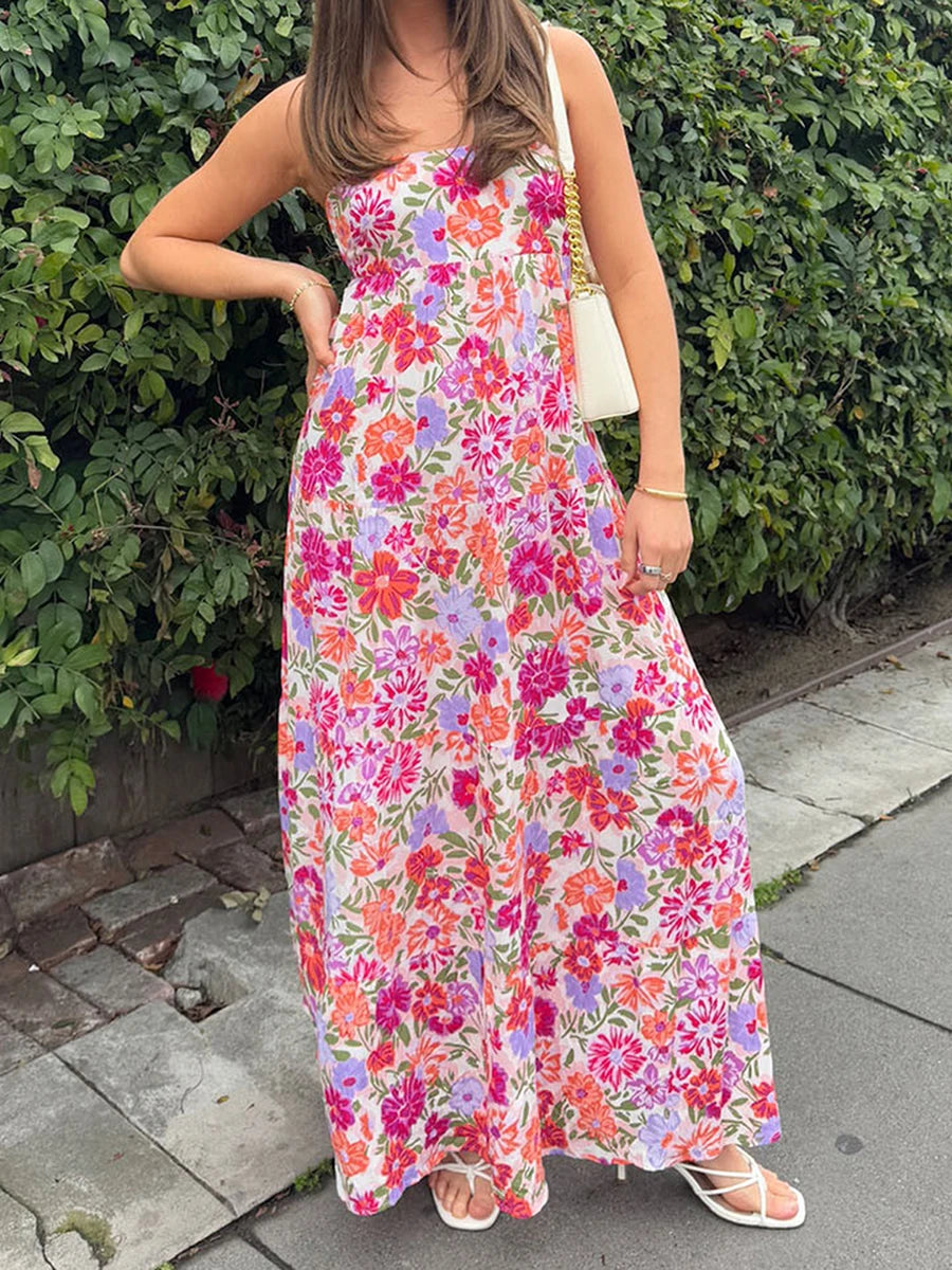 Women’s Off-Shoulder Boho Floral Maxi Dress – Lace-Up Back Summer Party Outfit