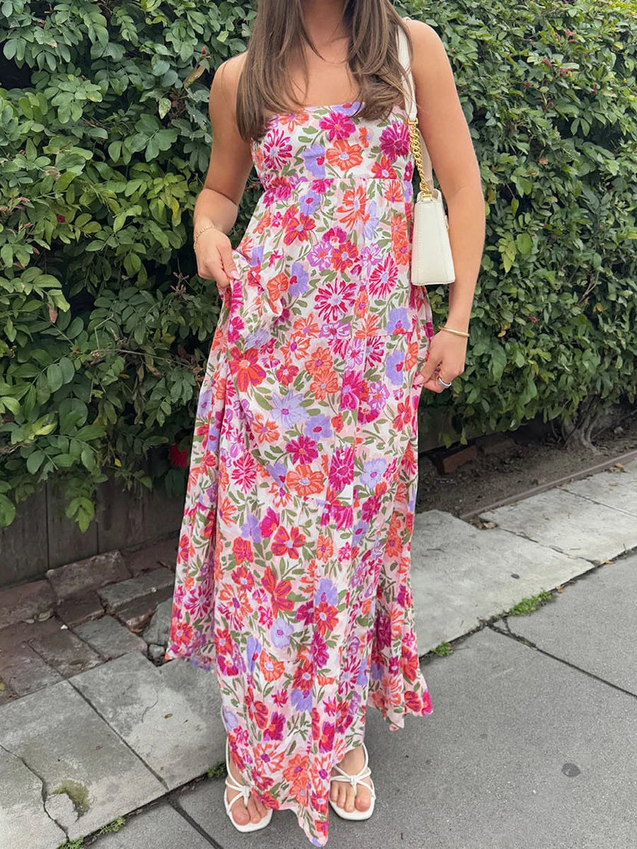 Women’s Off-Shoulder Boho Floral Maxi Dress – Lace-Up Back Summer Party Outfit