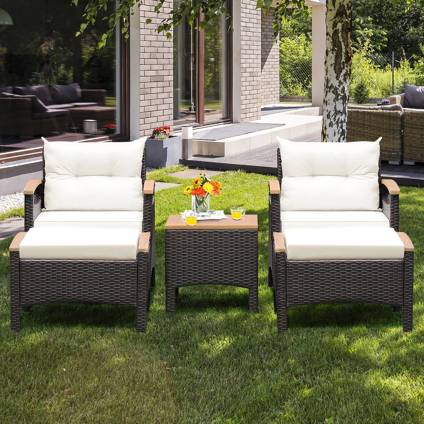 5-Piece Patio Rattan Furniture Set – Sofa, Ottomans & Table with Wood Top
