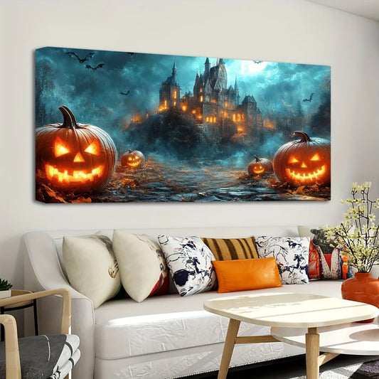 Halloween Canvas Wall Art – Ghost Castle & Pumpkin Design on Pine Wood Frame (1.5-Inch Thick)
