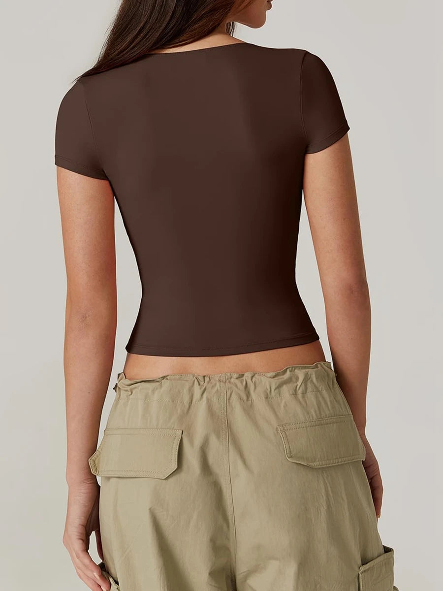 Women’s Solid Color Sweetheart Neck T-Shirt – Short Sleeve Summer Top