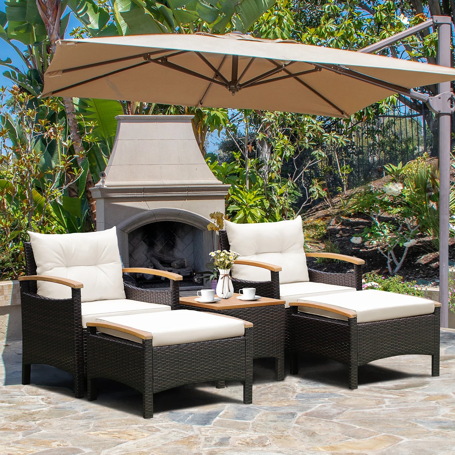 5-Piece Patio Rattan Furniture Set – Sofa, Ottomans & Table with Wood Top