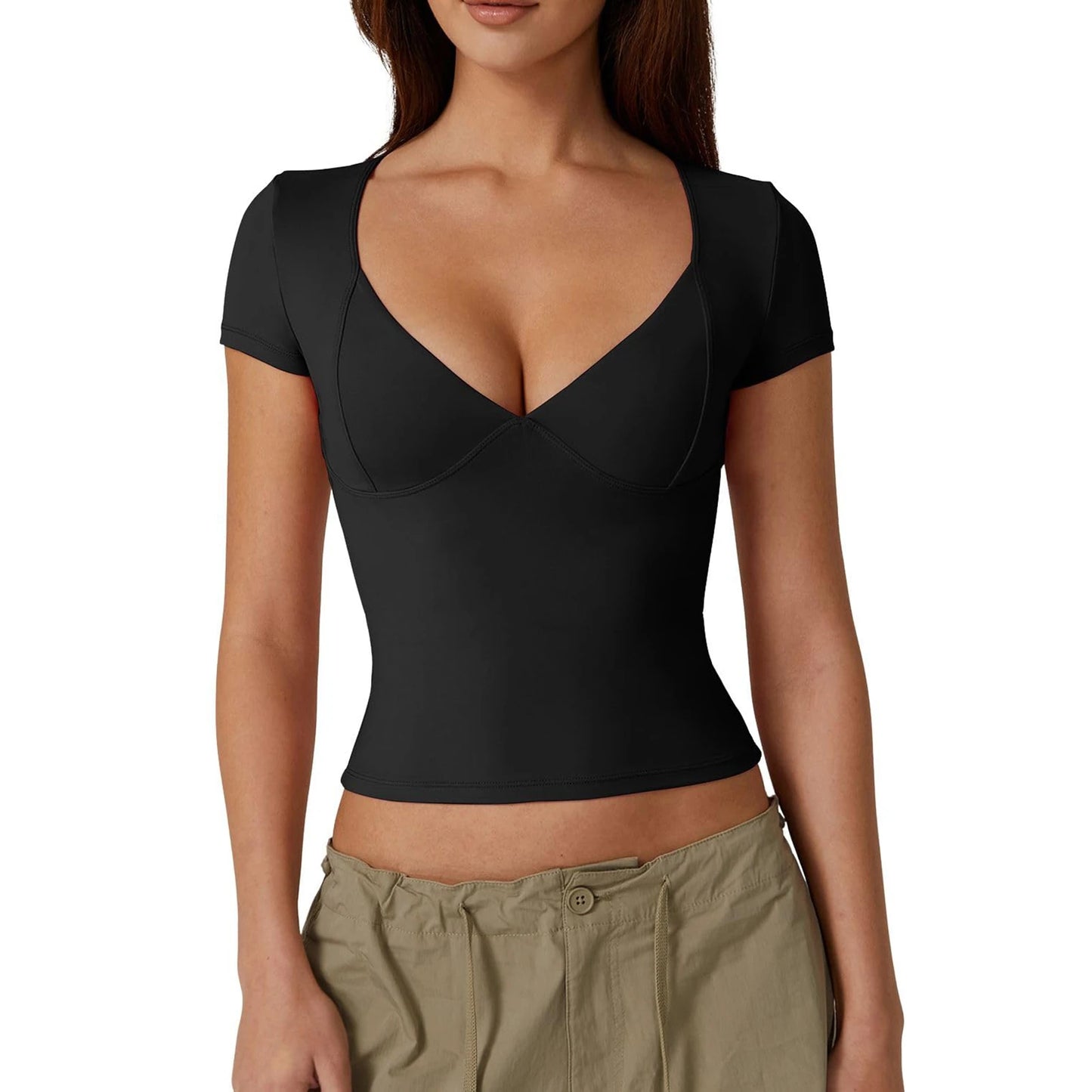 Women’s Solid Color Sweetheart Neck T-Shirt – Short Sleeve Summer Top