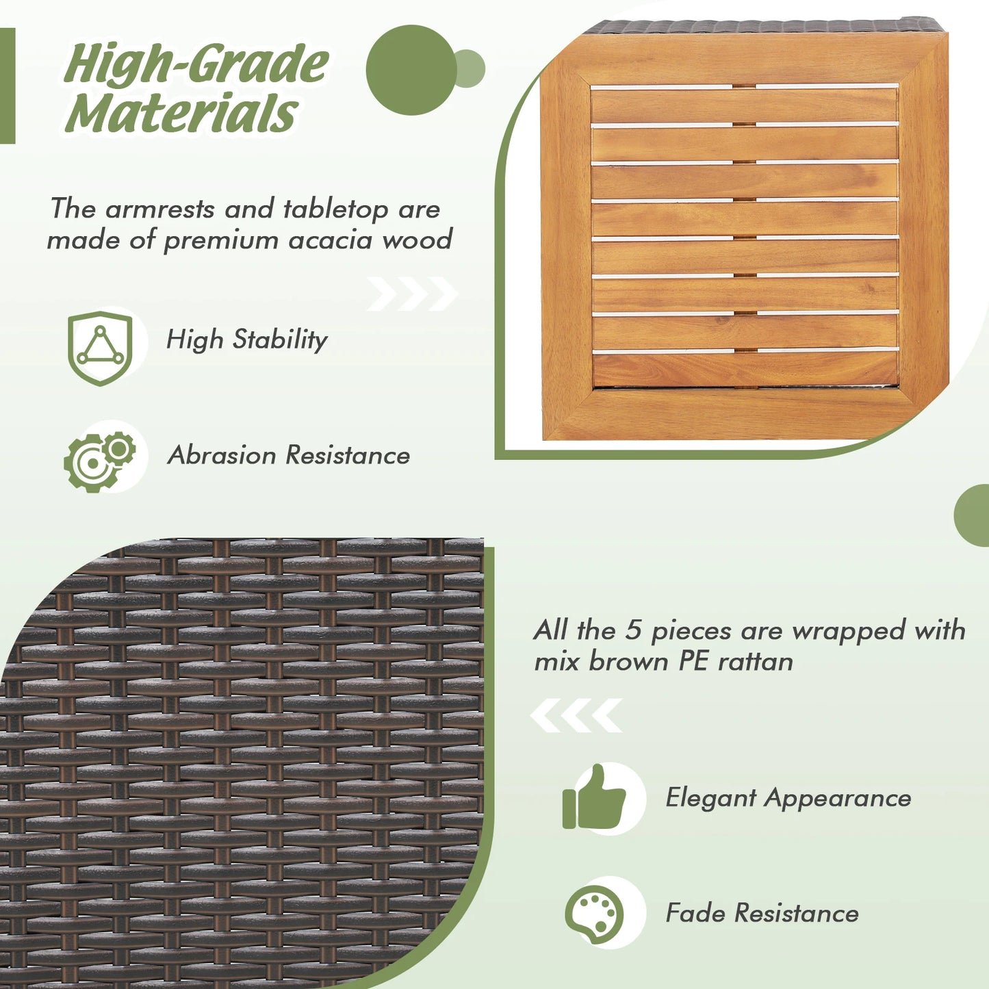 5-Piece Patio Rattan Furniture Set – Sofa, Ottomans & Table with Wood Top