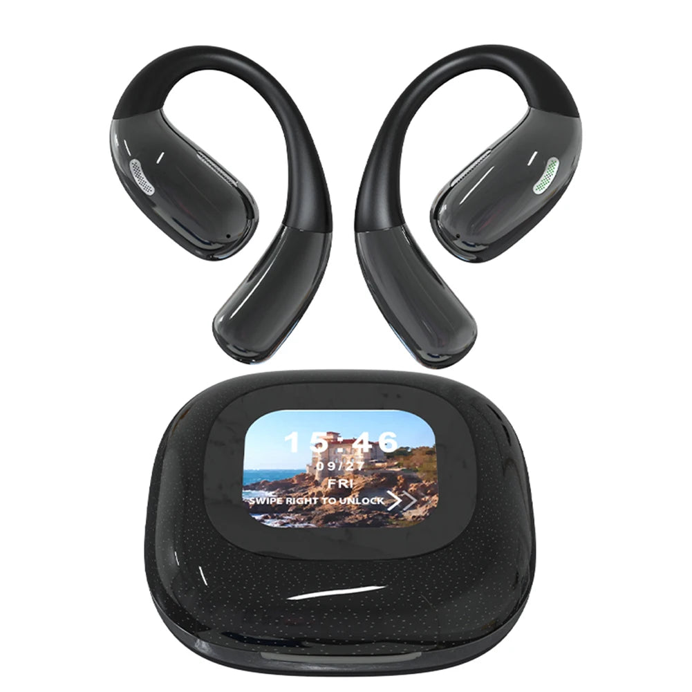 Bluetooth 5.3 Earhook Sport Headphones – Noise-Canceling Wireless Earphones with Touch Color Screen for Workouts & Running