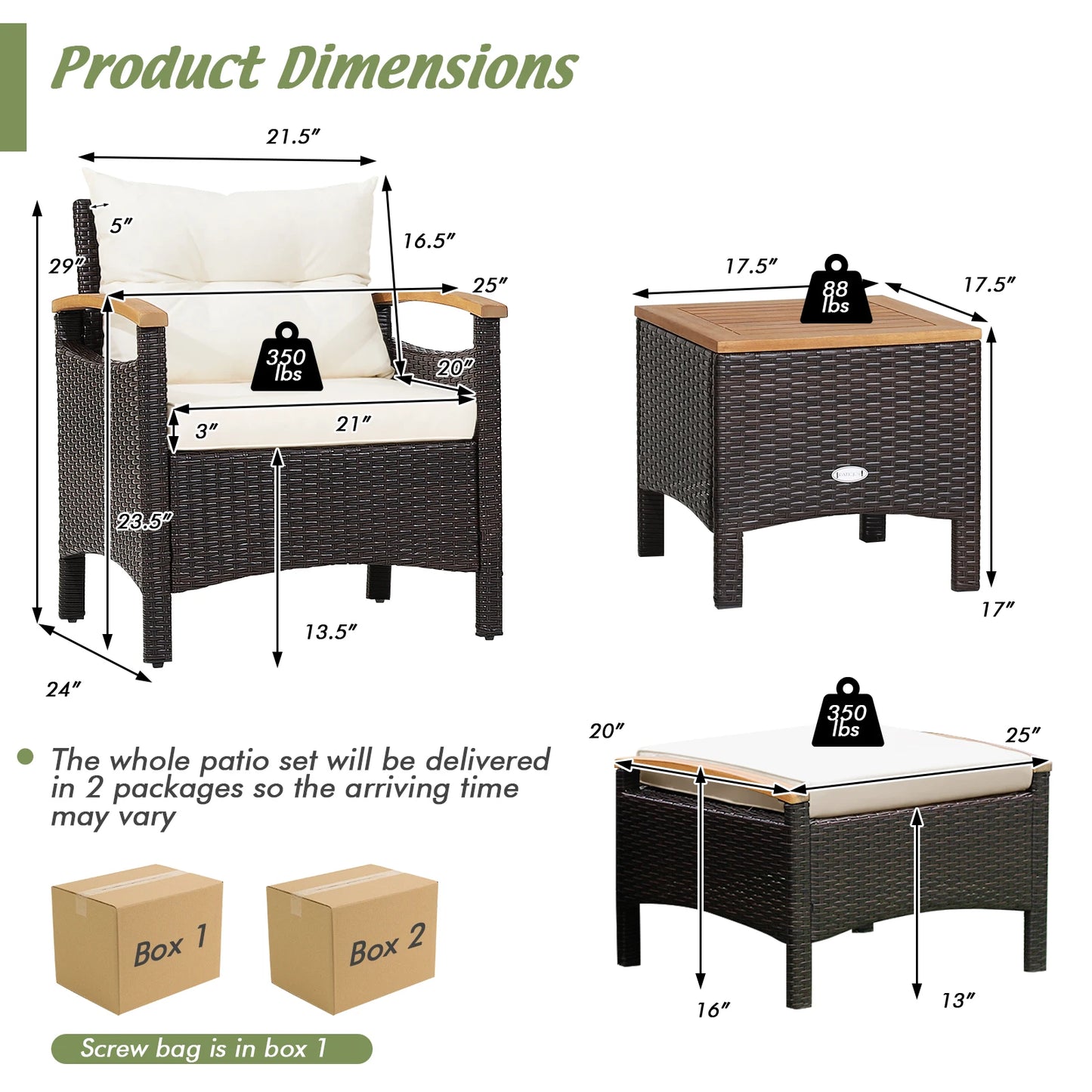 5-Piece Patio Rattan Furniture Set – Sofa, Ottomans & Table with Wood Top