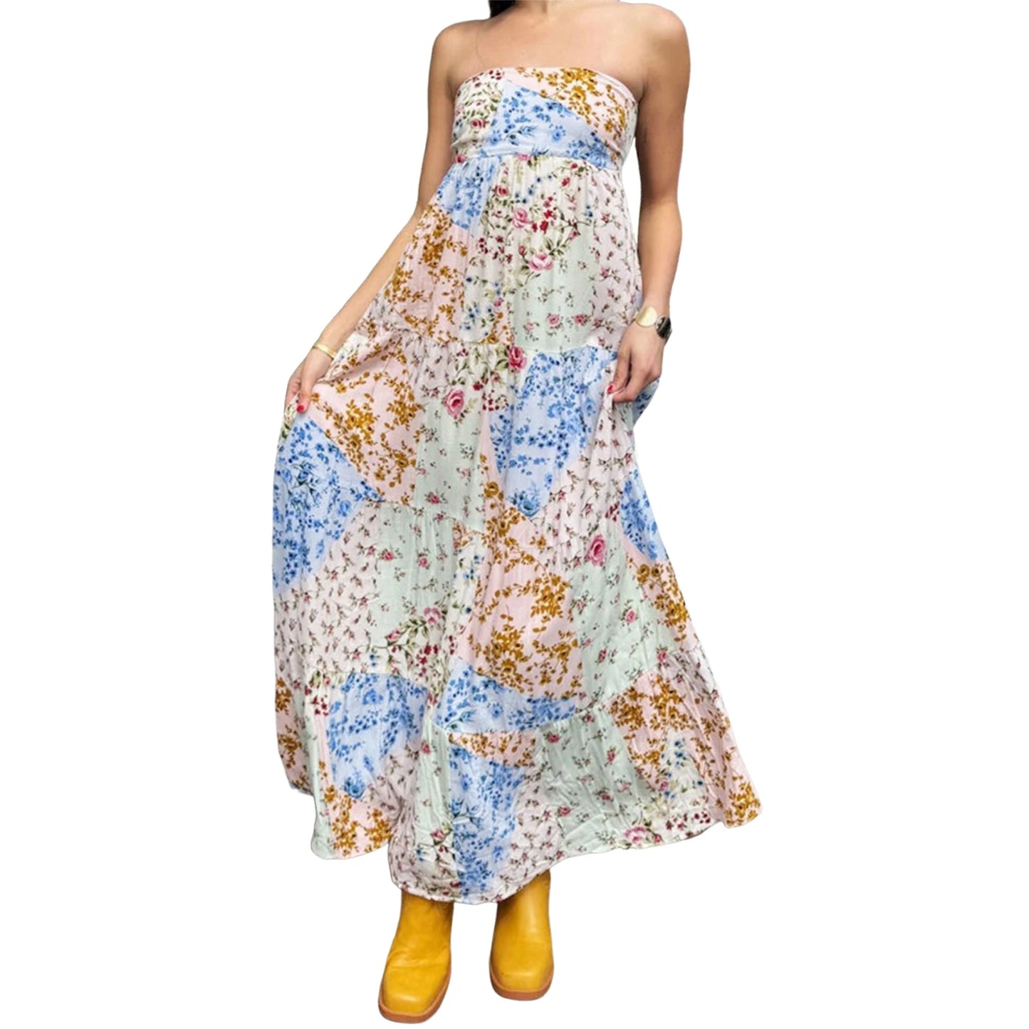 Women’s Off-Shoulder Boho Floral Maxi Dress – Lace-Up Back Summer Party Outfit