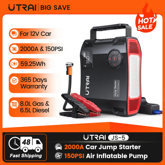 UTRAI 2000A 4-in-1 Car Jump Starter 150PSI Air Inflator Portable Power Bank Emergency Booster for 12V Cars Starting Device