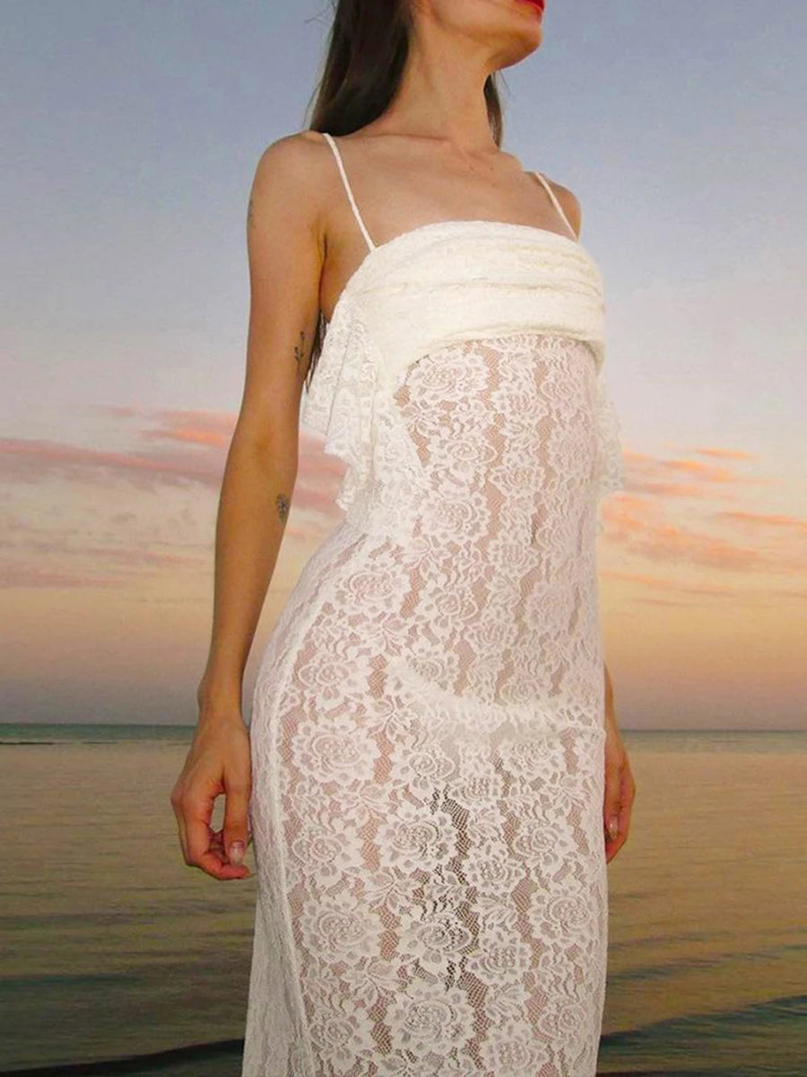 Women s Summer Long Cami Dress White Sleeveless Backless Sheer Lace Party Dresses