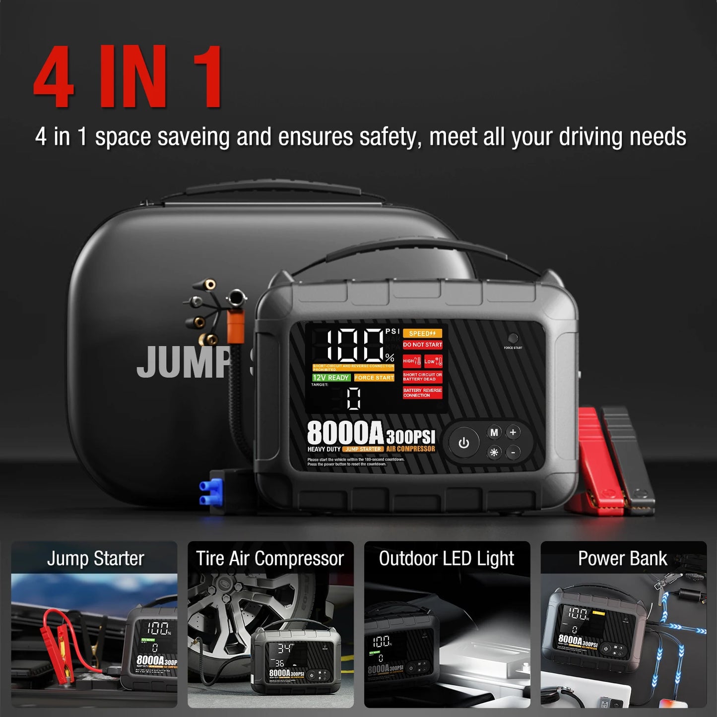 8000A Professional Heavy-duty Vehicle Jump Starter, High-power 12V Car Battery Device, Portable Power Supply With Inflation Pump