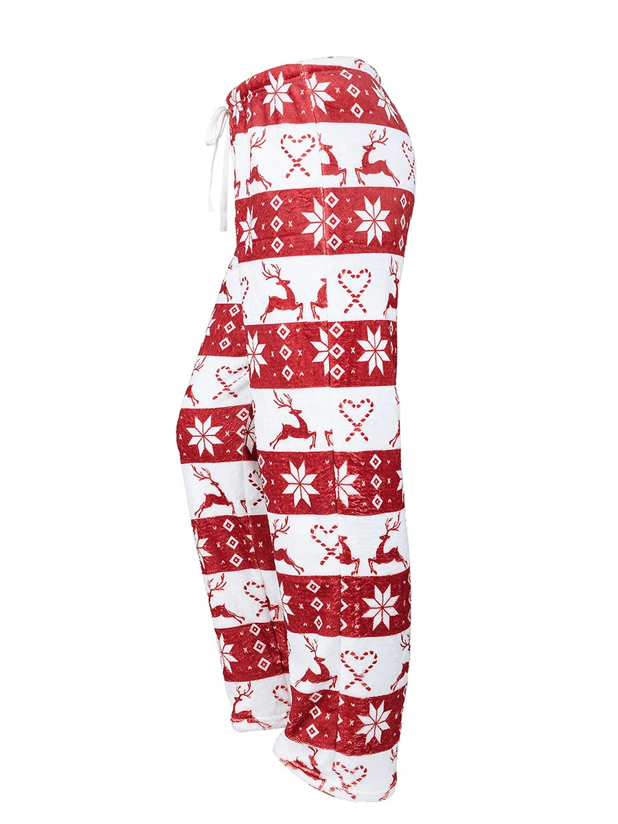 Women’s Christmas Pajama Pants – Elk Print, Elastic Waist & Drawstring Lounge Trousers