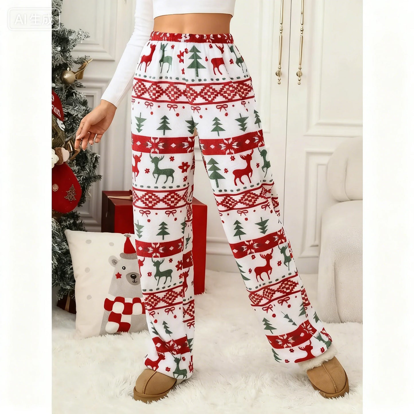 Hot Selling New Christmas Reindeer Cartoon Women's Autumn And Winter Sleeping Pants Casual Home Printed Warm Sleeping Pants