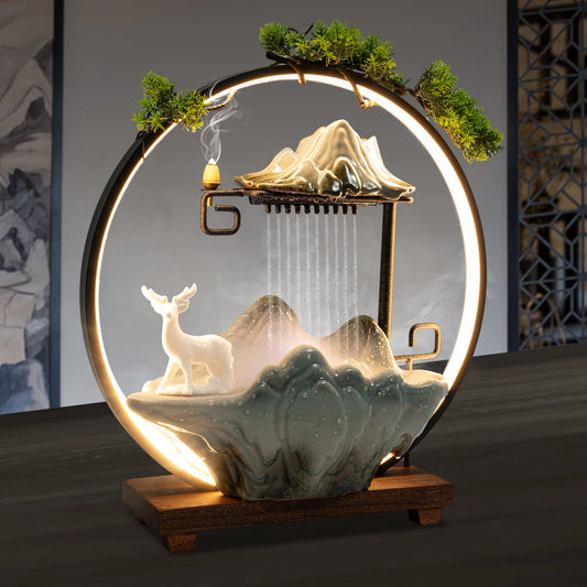 Modern LED Ring Waterfall Fountain – 15.7” Wood & Ceramic Tabletop Zen Decor for Home or Office