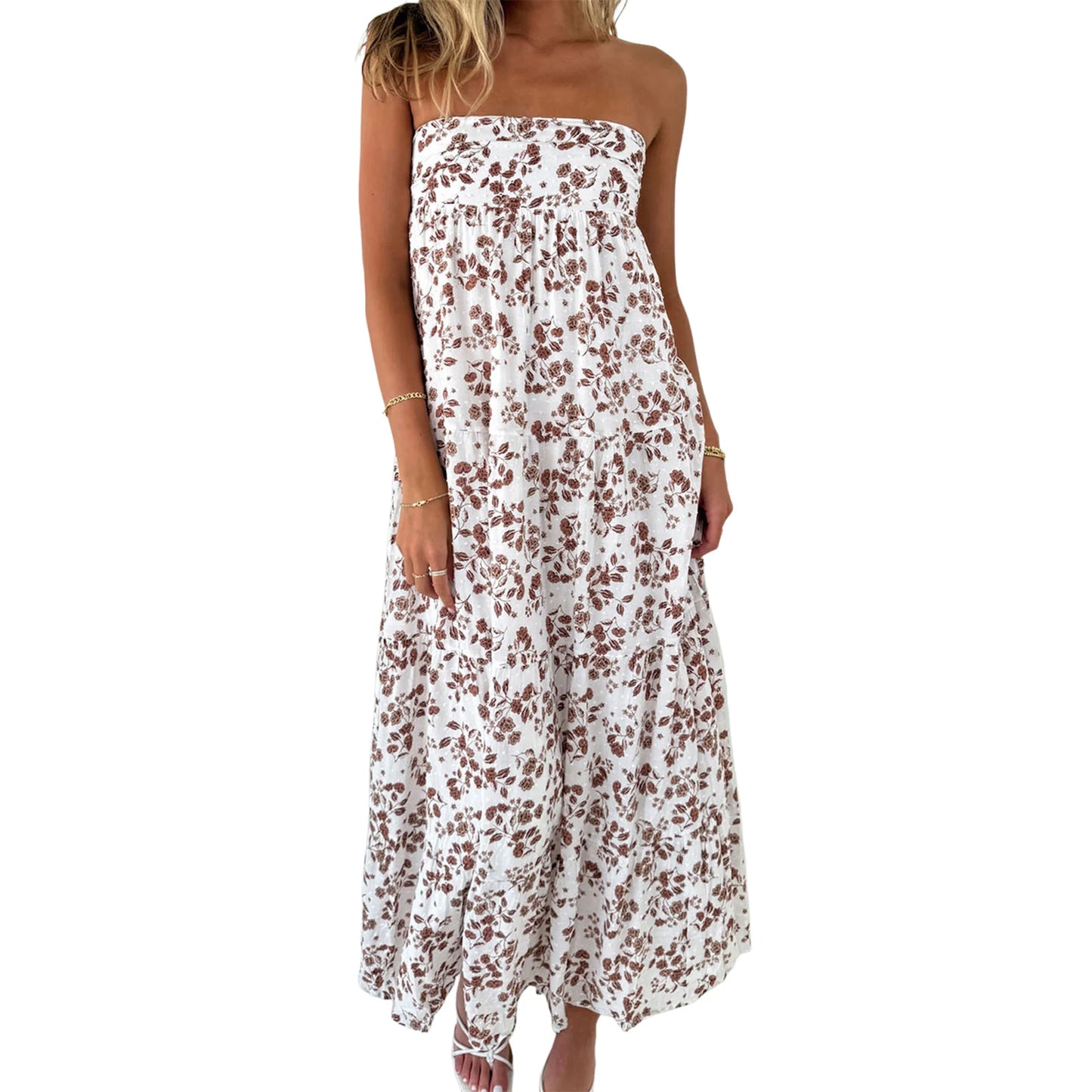 Women’s Off-Shoulder Boho Floral Maxi Dress – Lace-Up Back Summer Party Outfit