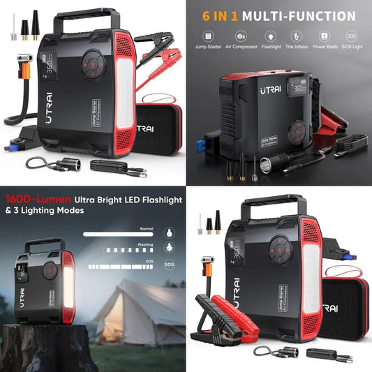 Portable 6000A Car Jump Starter with Air Compressor – 150 PSI Tire Inflator