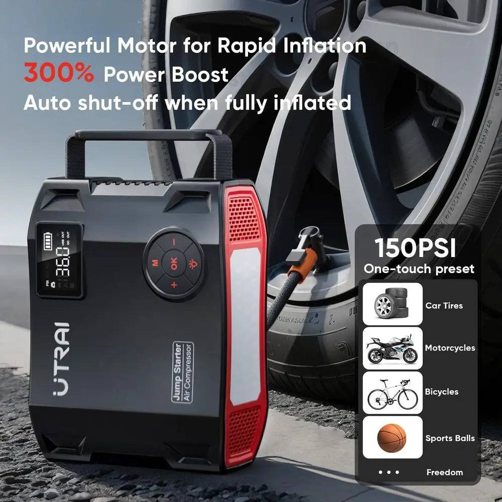 Portable 6000A Car Jump Starter with Air Compressor – 150 PSI Tire Inflator