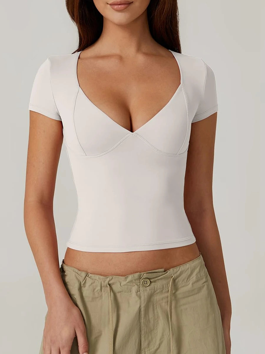 Women’s Solid Color Sweetheart Neck T-Shirt – Short Sleeve Summer Top