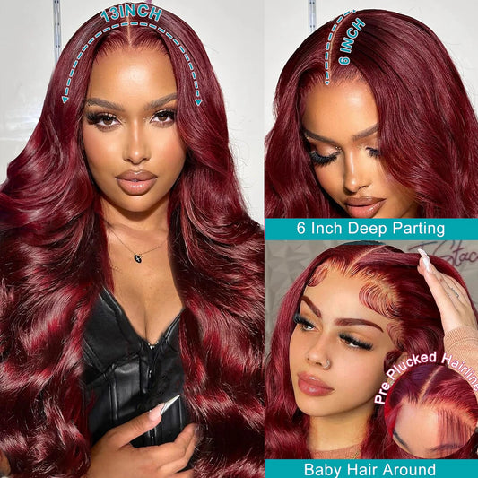 99J Burgundy Body Wave Human Hair Wig – 13x6 HD Lace Front, Pre-Plucked Transparent Lace