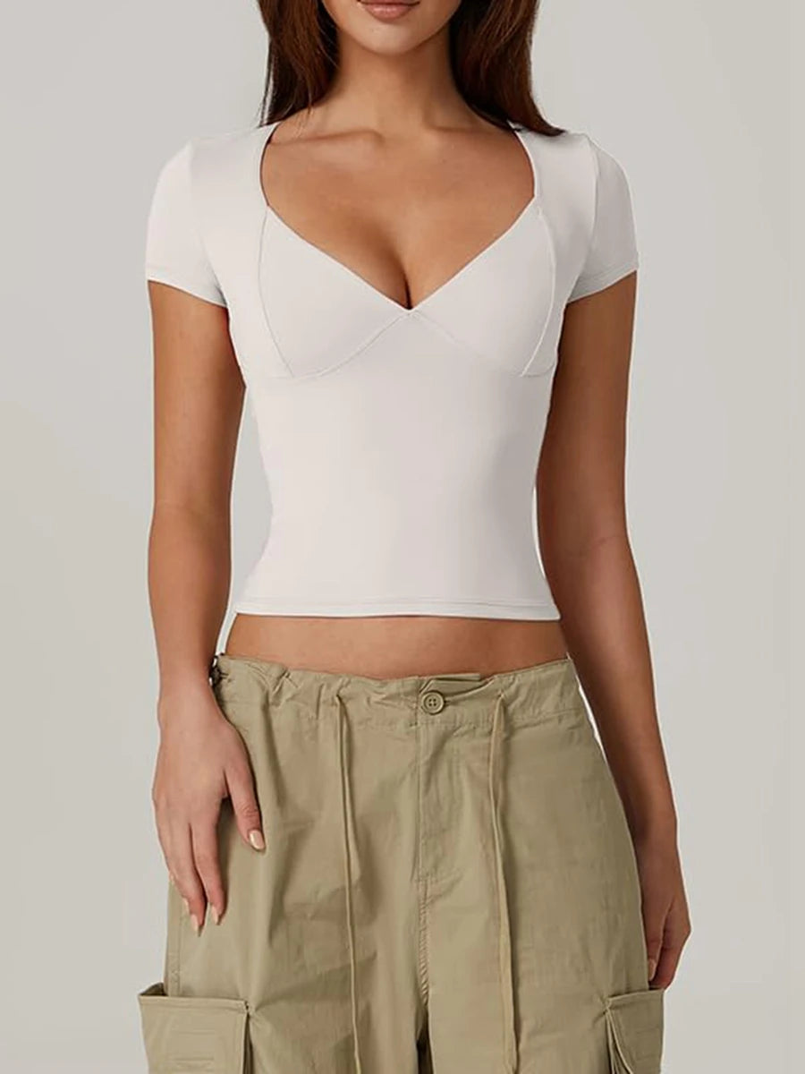 Women’s Solid Color Sweetheart Neck T-Shirt – Short Sleeve Summer Top