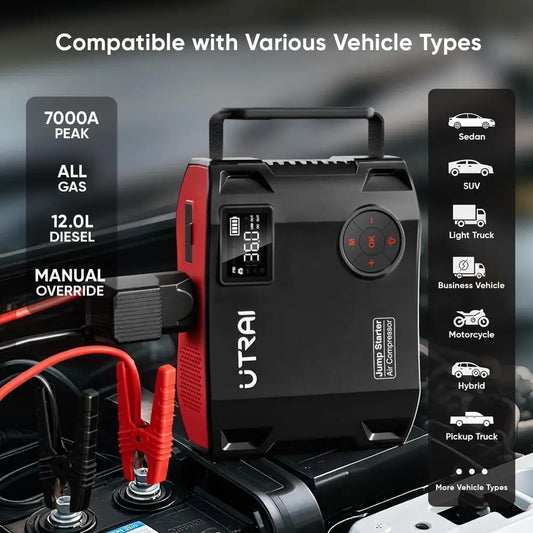 Portable 6000A Car Jump Starter with Air Compressor – 150 PSI Tire Inflator